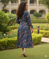 Teal Blue Pure Cotton Floral Printed Western Dress