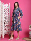 Teal Blue Pure Cotton Floral Printed Western Dress