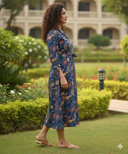 Teal Blue Pure Cotton Floral Printed Western Dress