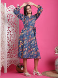 Teal Blue Pure Cotton Floral Printed Western Dress