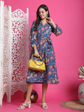 Teal Blue Pure Cotton Floral Printed Western Dress