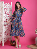 Teal Blue Pure Cotton Floral Printed Western Dress