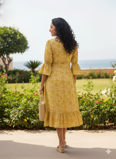 Lime Yellow Pure Cotton Foil Printed Western Dress