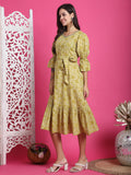 Lime Yellow Pure Cotton Foil Printed Western Dress