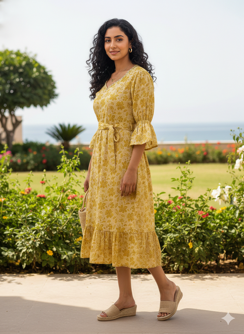 Lime Yellow Pure Cotton Foil Printed Western Dress
