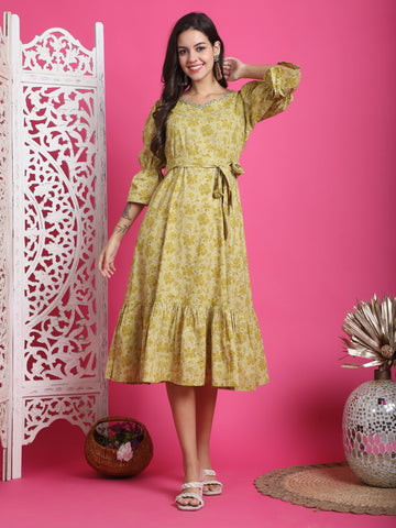 Lime Yellow Pure Cotton Foil Printed Western Dress