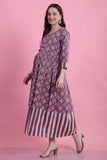 Dusty Mauve Cotton Floral Printed Maternity Gown with Zipper for Women for Pre & Post Pregnancy & Easy Breastfeeding