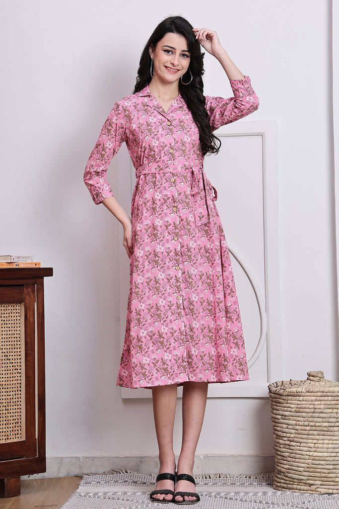 Pink Women's Pure Cotton Floral Printed Western Dress