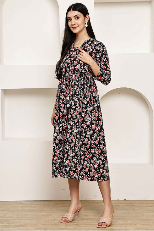Midnight Blossom Elegance Jaipuri Printed Western Dress