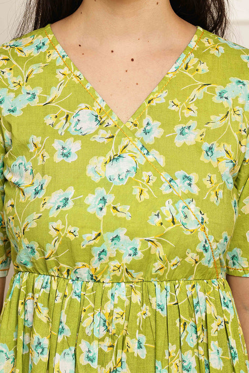 Garden Escape Green Jaipuri Printed Western Dress