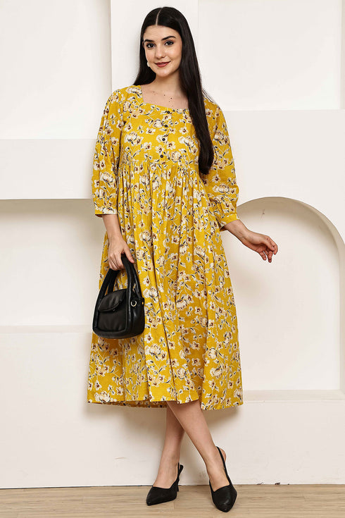 Golden Petal Elegance Jaipuri Printed Western Dress