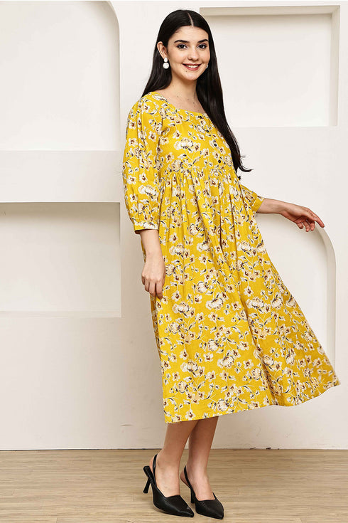 Golden Petal Elegance Jaipuri Printed Western Dress