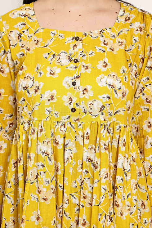 Golden Petal Elegance Jaipuri Printed Western Dress