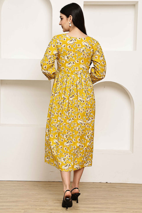 Golden Petal Elegance Jaipuri Printed Western Dress