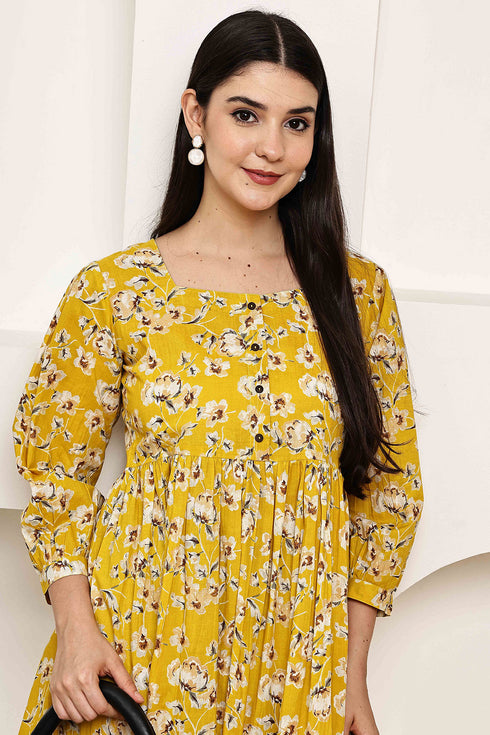 Golden Petal Elegance Jaipuri Printed Western Dress