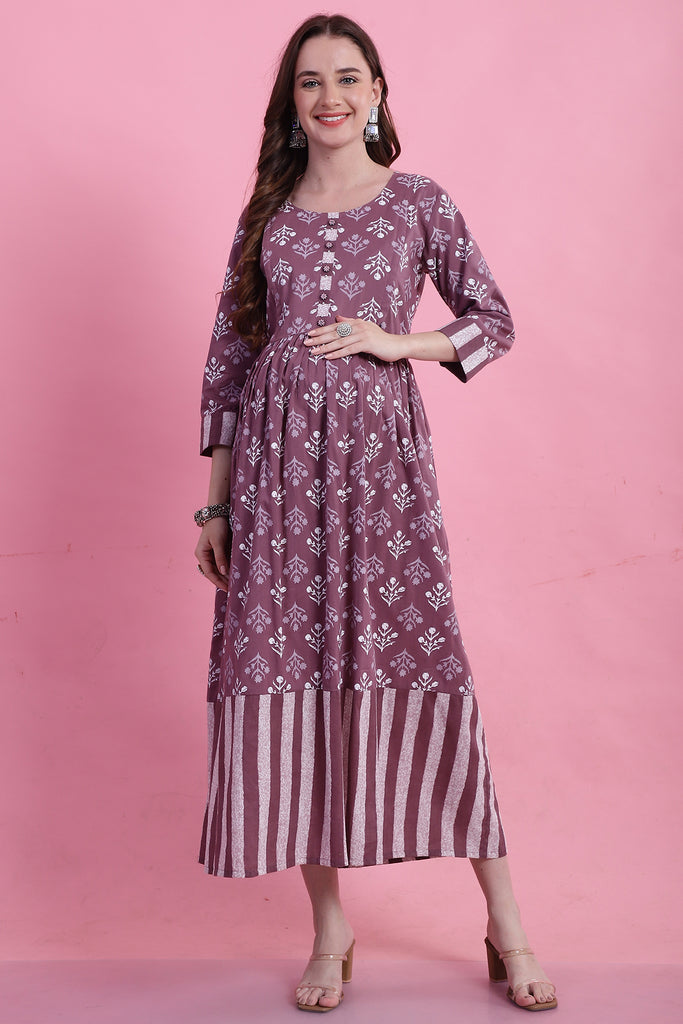 Dusty Mauve Cotton Floral Printed Maternity Gown with Zipper for Women for Pre & Post Pregnancy & Easy Breastfeeding