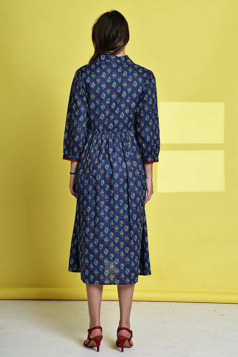 Blueberry Blossom Pure Cotton Jaipuri Printed Western Dress