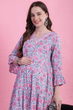 Grey & Pink Cotton Floral Printed Maternity Gown with Zipper for Women for Pre & Post Pregnancy & Easy Breastfeeding