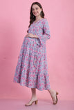 Grey & Pink Cotton Floral Printed Maternity Gown with Zipper for Women for Pre & Post Pregnancy & Easy Breastfeeding