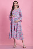 Grey & Pink Cotton Floral Printed Maternity Gown with Zipper for Women for Pre & Post Pregnancy & Easy Breastfeeding