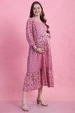 Light Pink Cotton Floral Printed Maternity Gown with Zipper for Women for Pre & Post Pregnancy & Easy Breastfeeding