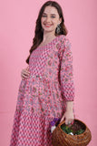 Light Pink Cotton Floral Printed Maternity Gown with Zipper for Women for Pre & Post Pregnancy & Easy Breastfeeding