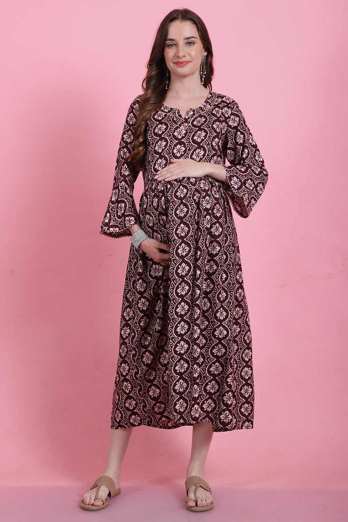 Wine & Beige Rayon Foil Printed Maternity Gown with Zipper for Women for Pre & Post Pregnancy & Easy Breastfeeding