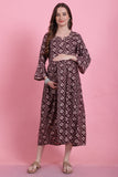 Wine & Beige Rayon Foil Printed Maternity Gown with Zipper for Women for Pre & Post Pregnancy & Easy Breastfeeding