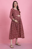 Maroon & Beige Rayon Foil Printed Maternity Gown with Zipper for Women for Pre & Post Pregnancy & Easy Breastfeeding