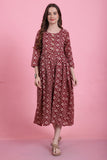 Maroon & Beige Rayon Foil Printed Maternity Gown with Zipper for Women for Pre & Post Pregnancy & Easy Breastfeeding