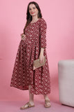 Maroon & Beige Rayon Foil Printed Maternity Gown with Zipper for Women for Pre & Post Pregnancy & Easy Breastfeeding