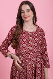 Maroon & Beige Rayon Foil Printed Maternity Gown with Zipper for Women for Pre & Post Pregnancy & Easy Breastfeeding