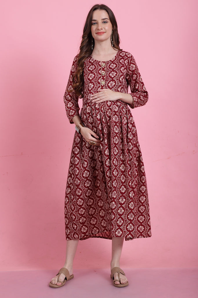 Maroon & Beige Rayon Foil Printed Maternity Gown with Zipper for Women for Pre & Post Pregnancy & Easy Breastfeeding