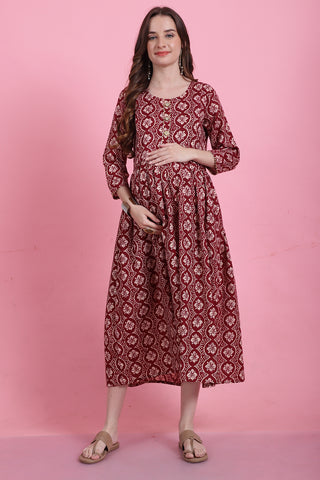 Maroon & BeigeRayon Foil Printed Maternity Gown with Zipper for Women for Pre & Post Pregnancy & Easy Breastfeeding