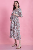 White Pure Cotton Floral Printed Maternity Gown with Zipper for Women for Pre & Post Pregnancy & Easy Breastfeeding