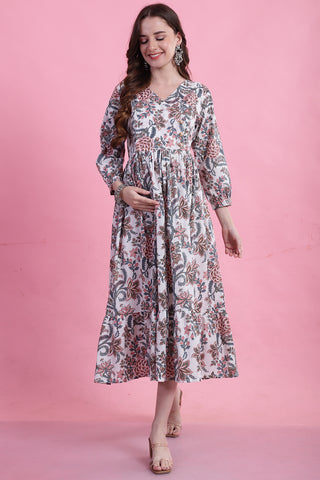 WhitePure Cotton Floral Printed Maternity Gown with Zipper for Women for Pre & Post Pregnancy & Easy Breastfeeding