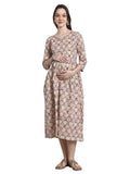 Beige Pure Cotton Floral Printed Maternity Gown with Zipper for Women for Pre & Post Pregnancy & Easy Breastfeeding