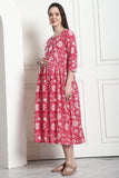 Pink & White Pure Cotton Floral Printed Maternity Gown with Zipper for Women for Pre & Post Pregnancy & Easy Breastfeeding