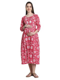 Pink & White Pure Cotton Floral Printed Maternity Gown with Zipper for Women for Pre & Post Pregnancy & Easy Breastfeeding