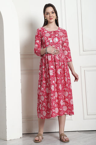 Pink & WhitePure Cotton Floral Printed Maternity Gown with Zipper for Women for Pre & Post Pregnancy & Easy Breastfeeding