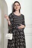 Black & White Cotton Floral Printed Maternity Gown with Zipper for Women for Pre & Post Pregnancy & Easy Breastfeeding