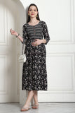 Black & White Cotton Floral Printed Maternity Gown with Zipper for Women for Pre & Post Pregnancy & Easy Breastfeeding