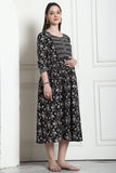 Black & White Cotton Floral Printed Maternity Gown with Zipper for Women for Pre & Post Pregnancy & Easy Breastfeeding