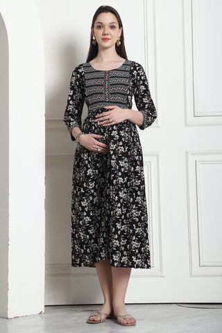 Black & White Cotton Floral Printed Maternity Gown with Zipper for Women for Pre & Post Pregnancy & Easy Breastfeeding