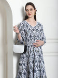 Grey & White Cotton Jaipuri Printed Maternity Gown with Zipper for Women for Pre & Post Pregnancy & Easy Breastfeeding