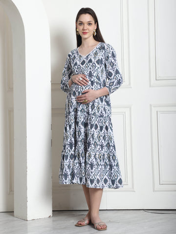 Grey & WhiteCotton Jaipuri Printed Maternity Gown with Zipper for Women for Pre & Post Pregnancy & Easy Breastfeeding