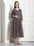 Navy Blue & RedCotton Jaipuri Printed Maternity Gown with Zipper for Women for Pre & Post Pregnancy & Easy Breastfeeding