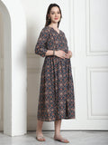 Navy Blue & RedCotton Jaipuri Printed Maternity Gown with Zipper for Women for Pre & Post Pregnancy & Easy Breastfeeding