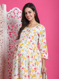 White Cotton Floral Printed Maternity Gown with Zipper for Women for Pre & Post Pregnancy & Easy Breastfeeding