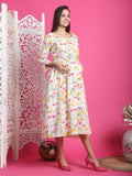 White Cotton Floral Printed Maternity Gown with Zipper for Women for Pre & Post Pregnancy & Easy Breastfeeding